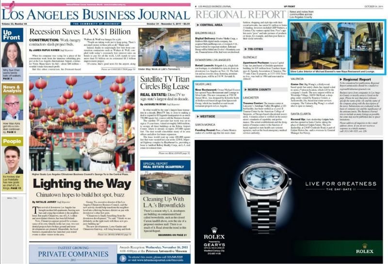 Los Angeles hospitality public relations feature in Los Angeles Business Journal